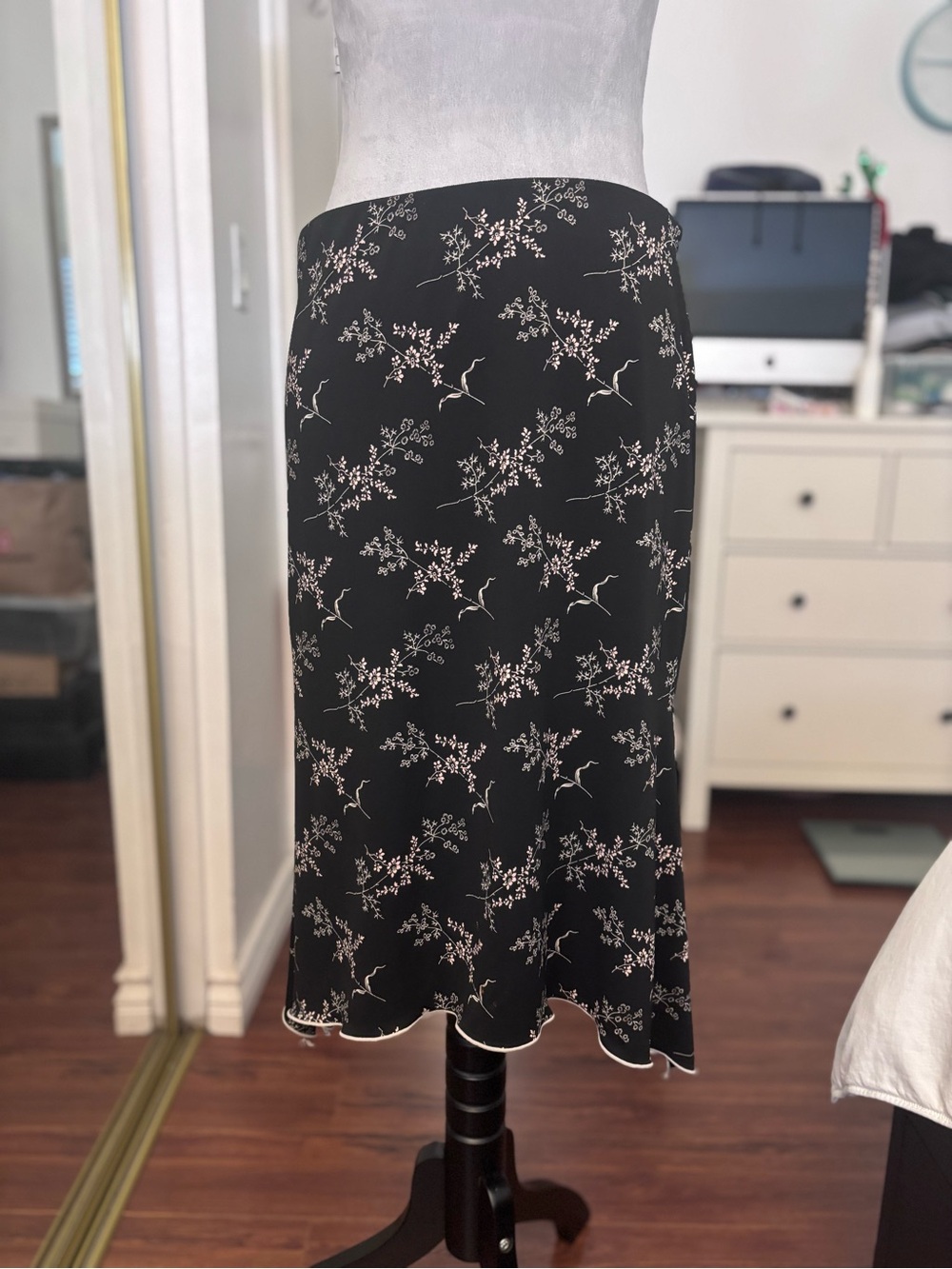 Max Studio Black Midi Skirt with White Floral Print